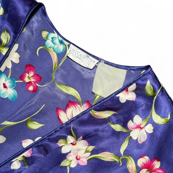 Vintage 80s Vassarette Satin Floral Kimono Robe Belted Lounge Sleepwear - Picture 2 of 8